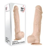 The box and Adam & Eve Adams True Feel Cock XL are made of premium silicone with lifelike veins and a strong suction cup base. The packaging displays the brand logo and product name on the left, while the 26.7 cm (10.5) flesh-colored dildo stands upright on a white background to the right.