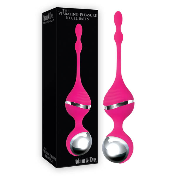 Pink Adam & Eve Vibrating Pleasure Kegel Balls, with a long handle and shiny metallic ball on one end, sit next to black packaging. The sleek waterproof design enhances sexual performance, and the box prominently displays the product name alongside the Adam & Eve logo.