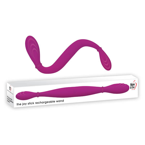 The Adam & Eve The Joy Stick Rechargeable Wand, a 36.5 cm purple S-shaped vibrator, features a textured silicone shaft and ergonomic design. Displayed above its white packaging with the logo, it emphasizes personal use with its smooth finish and flexibility.