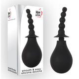 Box and product image of the Adam & Eve Smooth & Easy Silicone Douche - Black Douche with a silicone tip. It is black, featuring a bulbous base and a tapered, ridged nozzle for effective anal douching. The packaging showcases the Adam & Eve logo, website, product name, and image on a white background.