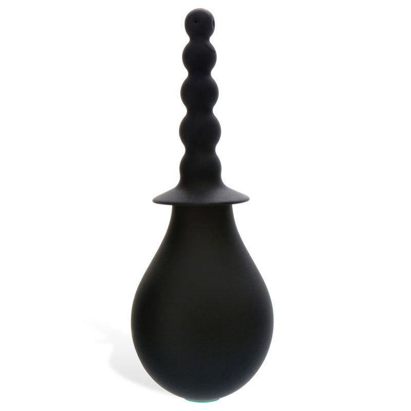 The Adam & Eve Smooth & Easy Silicone Douche has a sleek black rubber bulb with a ribbed, segmented nozzle and silicone tip for easy cleaning, contrasting elegantly against the bulbous base on a white background.