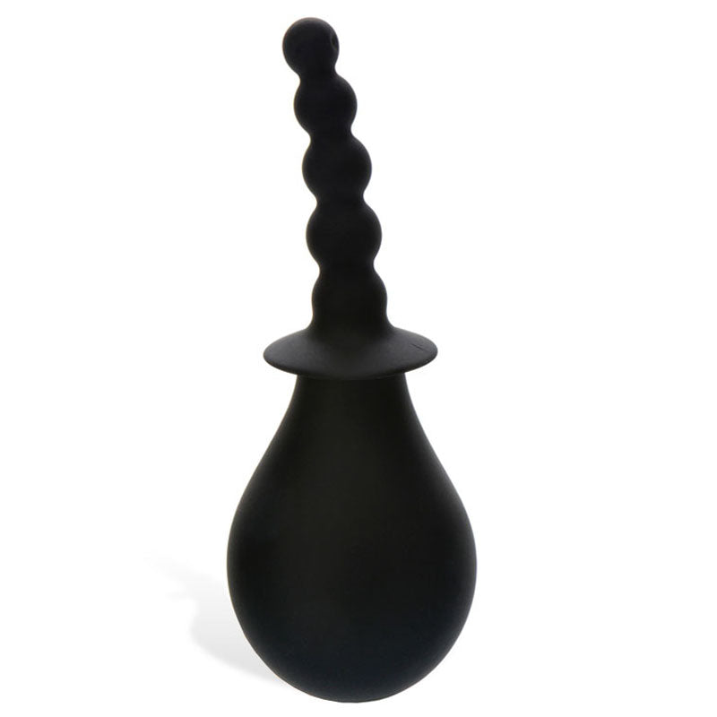 The Adam & Eve Smooth & Easy Silicone Douche features a black, beaded, graduated stem with a narrow tip for precise insertion. Its teardrop-shaped bulb ensures easy grip and squeeze, while the design facilitates cleaning, making it ideal for comfortable and efficient anal douching.