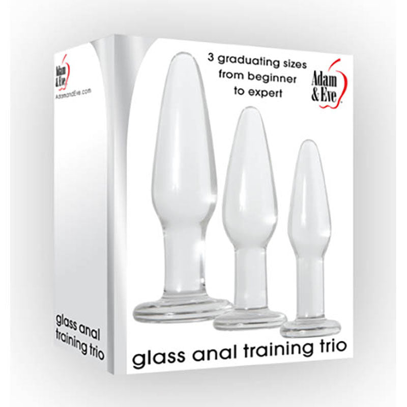 Product: Adam & Eve Glass Anal Training Trio - Clear Glass Butt Plugs. Description: Set of 3 transparent plugs in a box, ranging from beginner to expert sizes, ideal for enhancing pelvic floor muscles and aligned smallest to largest. Tagline: 3 graduating sizes from beginner to expert.