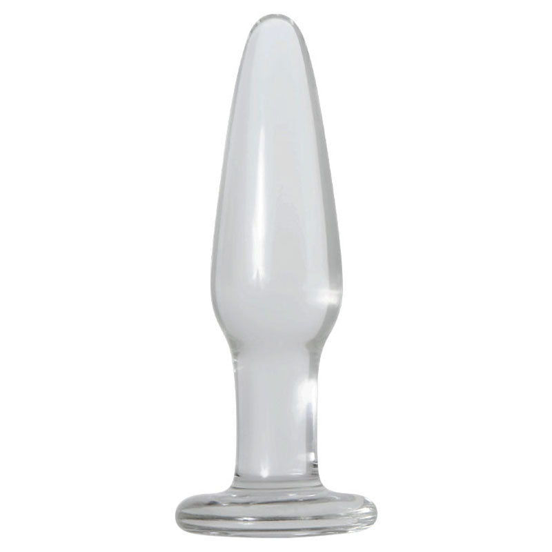 The Adam & Eve Glass Anal Training Trio features clear borosilicate glass butt plugs with smooth, tapered surfaces on circular bases. Their wide, flared bases provide stability, while the conical shapes offer a sleek design through reflective glass.