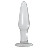 The Adam & Eve Glass Anal Training Trio features clear borosilicate glass butt plugs with smooth, tapered surfaces on circular bases. Their wide, flared bases provide stability, while the conical shapes offer a sleek design through reflective glass.