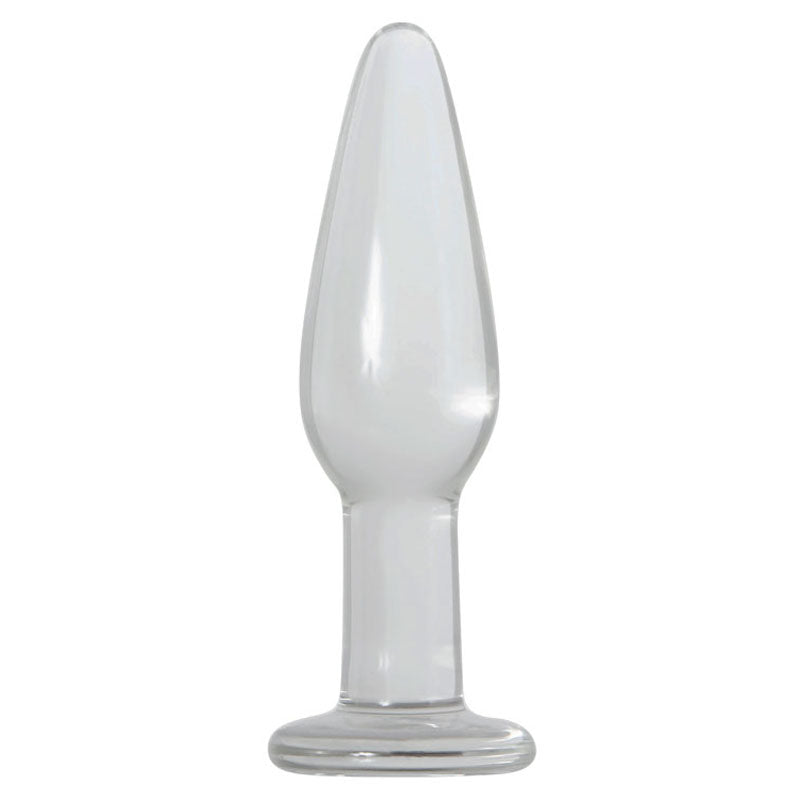 The Adam & Eve Glass Anal Training Trio includes three clear glass butt plugs with smooth, conical shapes tapering to rounded tips. Designed for comfort and stability, each plug has a wider cylindrical base to aid in pelvic floor exercises and ease of handling.