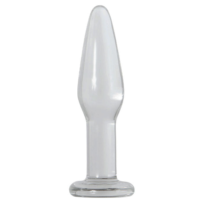 The Adam & Eve Glass Anal Training Trio includes three clear glass butt plugs with tapered, smooth surfaces and bulbous tops, narrowing to cylindrical necks with flared bases for safety. Designed for insertion and pelvic floor strengthening, their transparency offers a sleek and refined look.