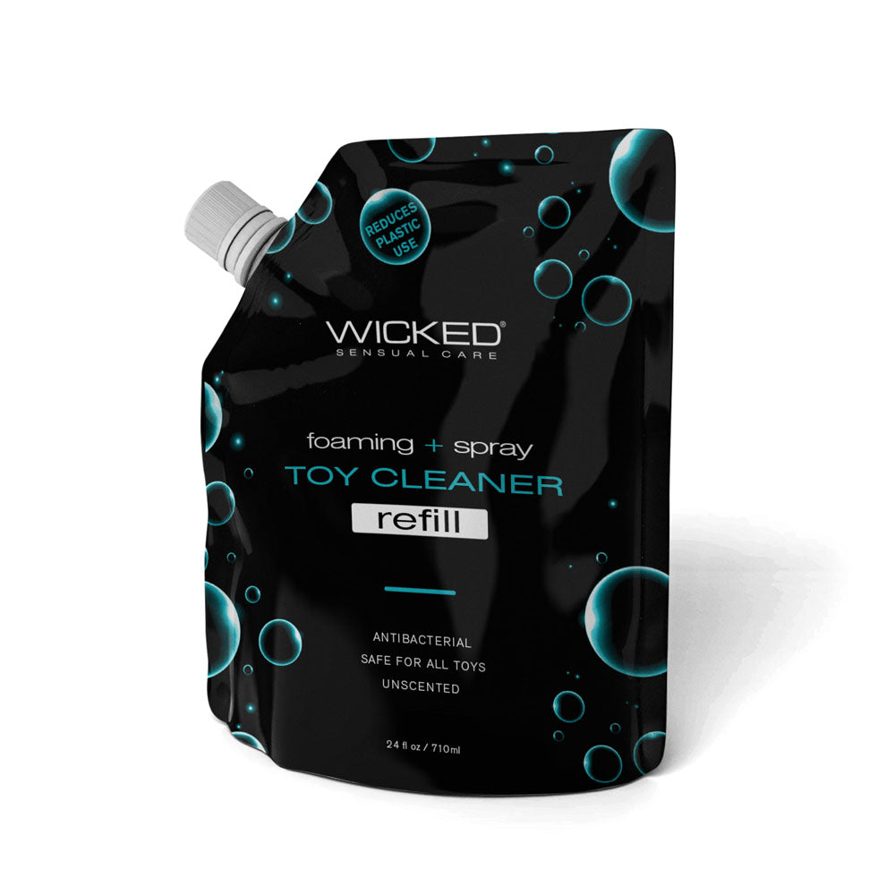 The image displays a black pouch of Wicked Foaming & Spray Toy Cleaner Refill, featuring teal bubbles and highlighting reduce plastic use. Its an unscented, antibacterial cleaner safe for all toys, emphasizing Olive Leaf. The pouch contains 710 ml (24 oz).