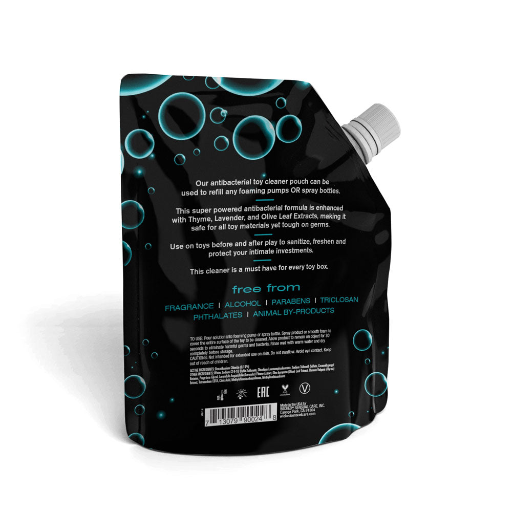 The Wicked Foaming & Spray Toy Cleaner Refill is a sleek black 710 ml pouch with teal bubbles, featuring a safe, fragrant-free formula enriched with Thyme and Olive Leaf Extracts. It is free from alcohol, parabens, triclosan, phthalates, and animal by-products.