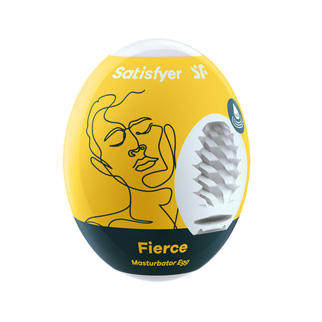 The Satisfyer Masturbator Egg - Fierce packaging features a serene face in black line art and a circular cutout that reveals the textured cyber-skin interior. This innovative white stroker sleeve is a discreet travel companion, with a minimalist design showcasing the brand and product name.