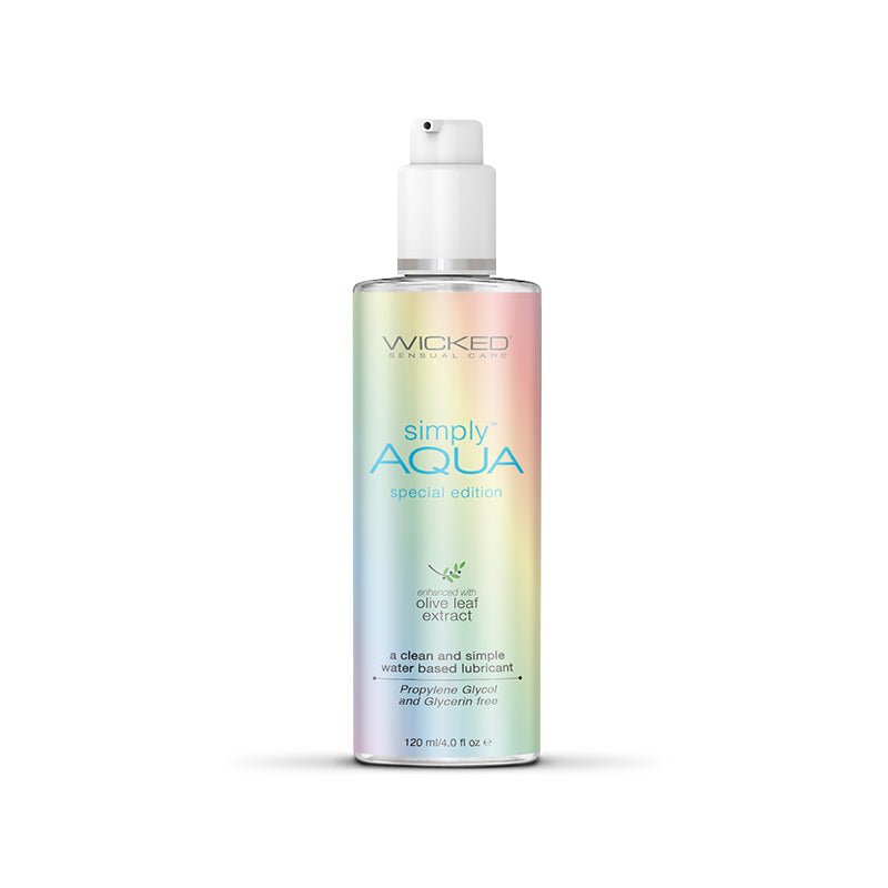 The 120 ml Wicked Simply Aqua Pride vegan and cruelty-free lubricant with olive leaf extract comes in a bottle with a gradient pastel label in green, pink, and blue hues. Its propylene glycol and glycerin-free, featuring a push-top cap for easy dispensing.