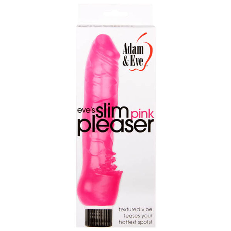 The Adam & Eve Eves Slim Pink Pleaser packaging features the multi-speed, waterproof pink vibrator with a ribbed texture and black base. The label highlights its textured design with the phrase teases your hottest spots! displayed prominently at the bottom.