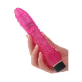 A hand holds the Adam & Eve Eves Slim Pink Pleaser, a pink silicone vibrator with lifelike ridges and a black base. Its beginner-friendly design is highlighted against a white background, featuring vibrant color and intuitive controls.