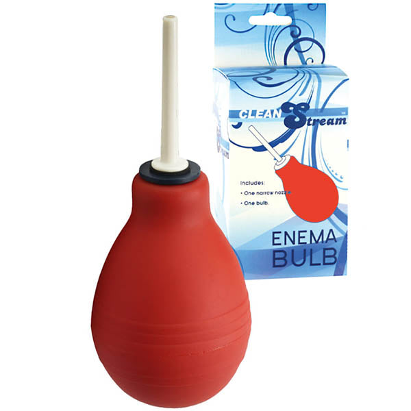 The CleanStream Enema Bulb - Red Unisex Douche features a red bulb with a white tip, ahead of its packaging. The box has a blue and white swirl design, displaying the Enema Bulb image with Clean Stream and Anal Douche, including one narrow nozzle and an easy-to-use bulb.