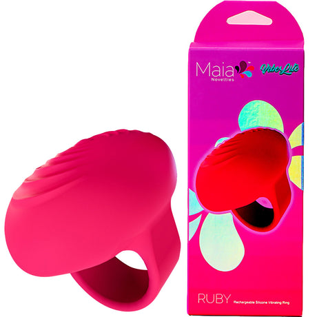 Image of a pink Maia RUBY USB rechargeable finger stimulator made from medical-grade silicone next to its packaging. The box features a floral design, the product image, and bears the brand name Maia Novelties.