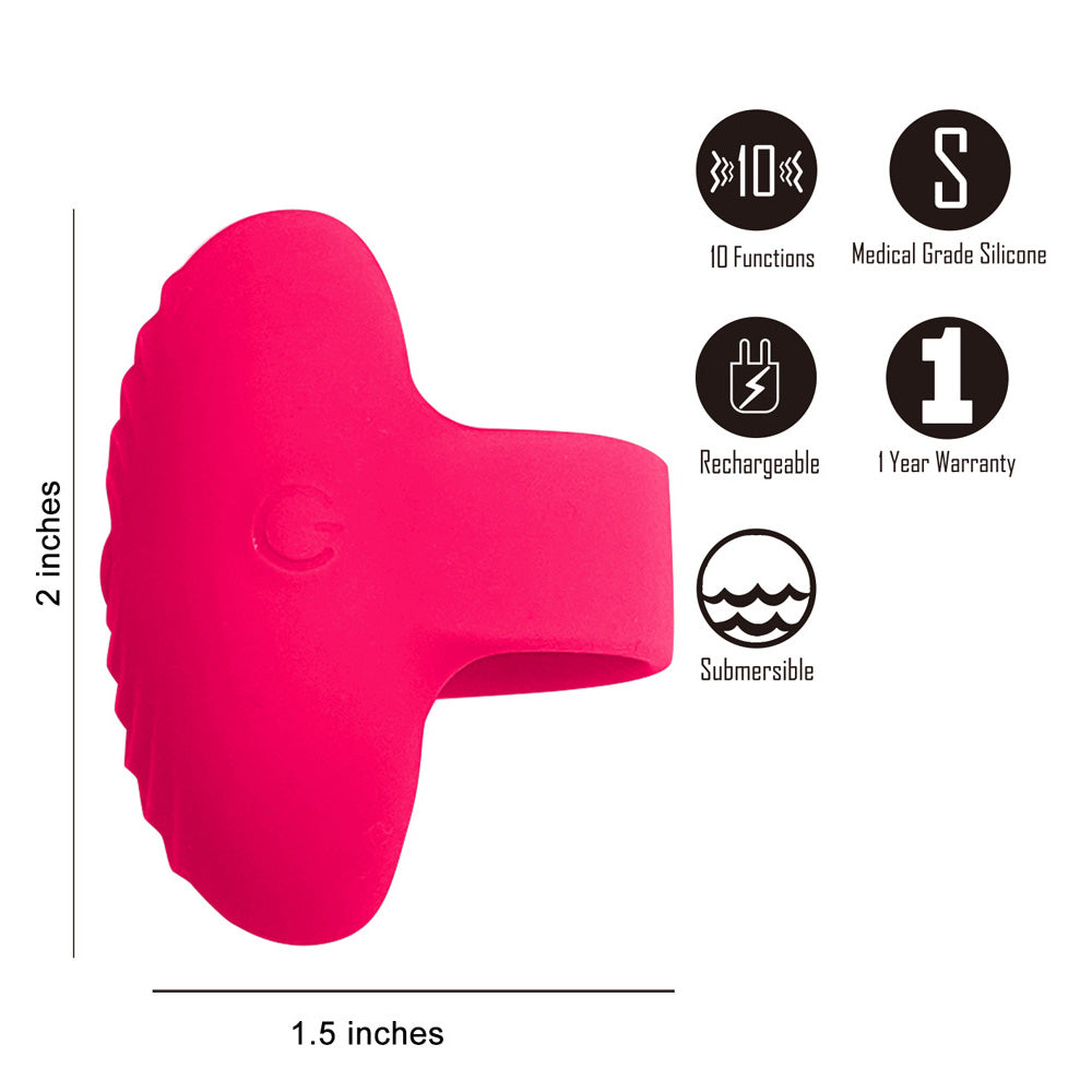 Meet the Maia RUBY, a pink USB rechargeable finger stimulator made of medical-grade silicone with scalloped edges and a power button. This 2x1.5-inch ring offers 10 functions, is submersible, includes a 1-year warranty, and has feature icons on the right.