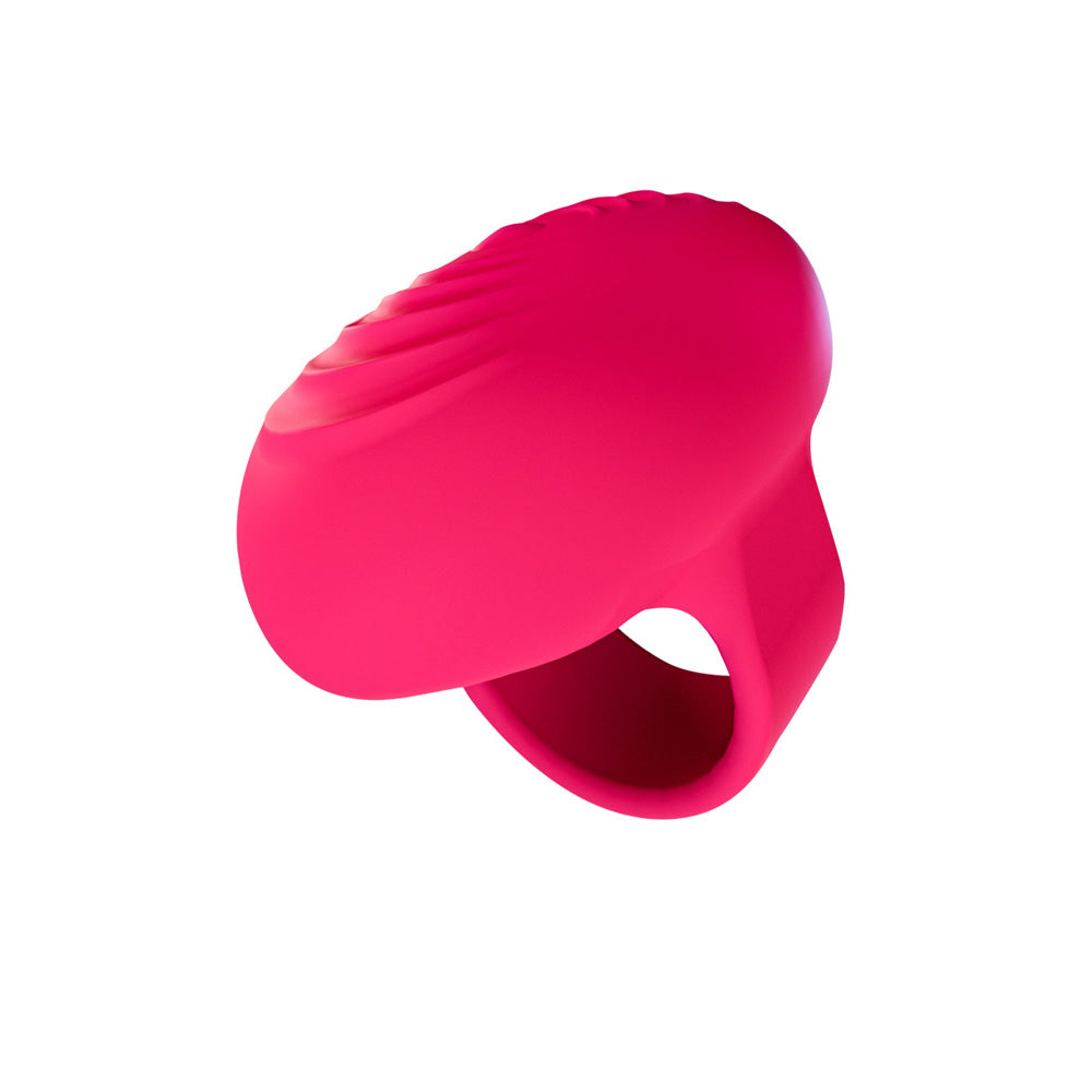 A bright pink Maia RUBY Finger Stimulator features a textured, ergonomic design for comfortable use. Made from medical-grade silicone, its raised ridges enhance tactile sensation, set against a plain white backdrop for a modern aesthetic. USB rechargeable for convenience.