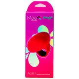 The image features the packaging of a Maia Novelties product called Maia RUBY - Pink USB Rechargeable Finger Stimulator. The bright pink box shows a red silicone vibrating finger ring. It includes Maia Novelties, Your Vibe in blue script, and a butterfly logo.