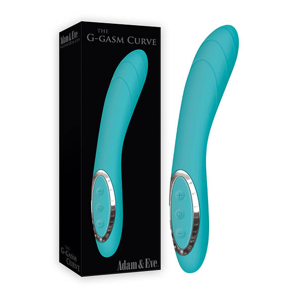 Aqua 21 cm Adam & Eve The G-Gasm Curve USB Rechargeable Vibrator with silver control symbols is shown with its black box, featuring The G-Gasm Curve and Adam & Eve in white text.