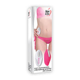 The image displays packaging for the Adam & Eves Rechargeable Vibrating Panty With Remote, featuring a model in pink lace underwear alongside a white remote control and a pink rechargeable vibe unit.