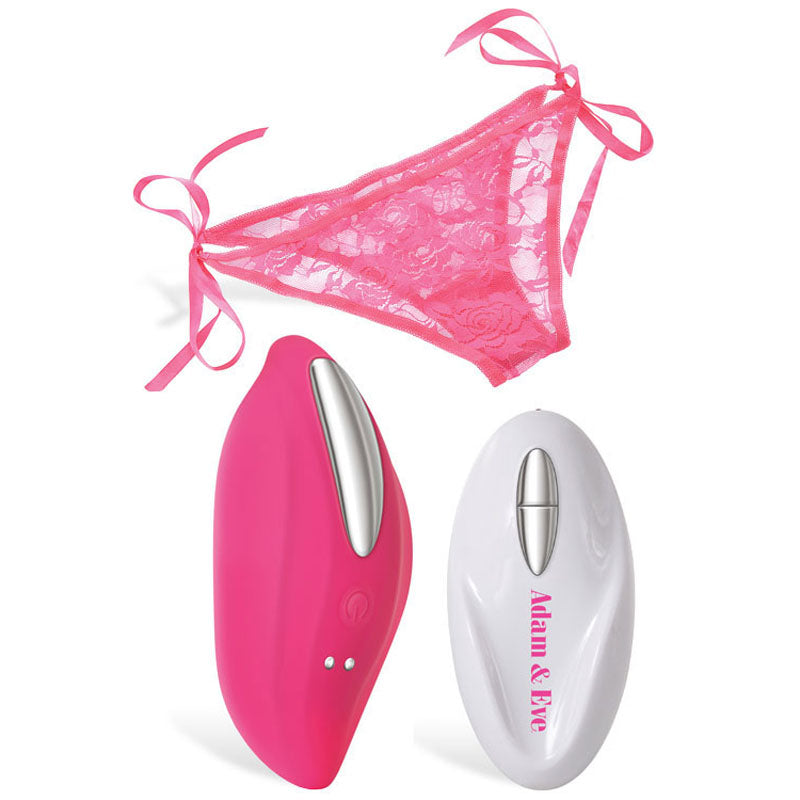 The Adam & Eve Eves Rechargeable Vibrating Panty with Remote features a pink lace thong with ribbon ties. It includes pink and white remotes labeled Adam & Eve, equipped with sleek metallic buttons, enhancing your experience for endless pleasure against a pristine white background.