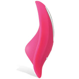 Eves Rechargeable Vibrating Panty by Adam & Eve is a sleek pink silicone vibrator with an ergonomic design, metallic accent, and base button. This rechargeable, remote-controlled device stands upright against a white background highlighting its smooth, modern appearance.