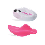 The Adam & Eve Eves Rechargeable Vibrating Panty features a pink, curved silicone vibrator and a rechargeable white oval remote control with black buttons and Adam & Eve written in pink. The ergonomic vibrator ensures comfort, all isolated on a plain white background.