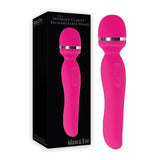 The image showcases a pink Adam & Eve Intimate Curves Rechargeable Wand, featuring a sleek design with a silver band. It lies beside its black packaging, highlighting the product photo and brand name.