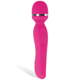 The Adam & Eve Intimate Curves Wand is a bright pink, 19.7 cm silicone massager featuring a rounded head, sleek design with metallic ring, ergonomically shaped handle with wave patterns for grip details. This waterproof wand is USB rechargeable for convenient use.