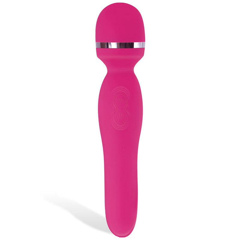 The Adam & Eve Intimate Curves Rechargeable Wand is a sleek, modern pink massage wand with a rounded head and ergonomic handle. It features textured control buttons, a silver band near the top, intense vibration functions, and a soft matte finish. USB rechargeable for convenience.