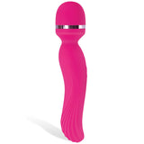 The Adam & Eve Intimate Curves Rechargeable Wand is a pink, silicone vibrator with a smooth, rounded head and curved textured handle. It has a decorative metallic band near the top. This 19.7 cm waterproof wand features an ergonomic design for an easy grip and is USB rechargeable.