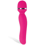 The Adam & Eve Intimate Curves Rechargeable Wand in pink features a rounded silicone head, wavy ergonomic handle, and metallic band. This smooth, streamlined 19.7 cm wand offers a comfortable grip and waterproof texture with bright lighting for sleek contrast.