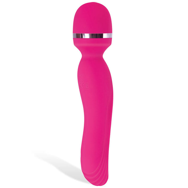 The Adam & Eve Intimate Curves Rechargeable Wand is a pink 19.7 cm (7.75) silicone massager with a round head, silver band, and curved body with a textured grip for ergonomic comfort and ease of use; it is USB rechargeable for convenience.