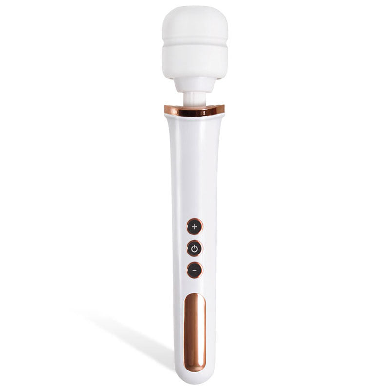 The Adam & Eve Rechargeable Magic Massager in rose gold/white features a silicone head and gold-accented handle with three buttons: plus, power, and minus. It offers rechargeable vibration functions, combining sleek modern design with practical luxury at the base of the handle.