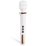 The Adam & Eve Rechargeable Magic Massager in rose gold and white features a rounded silicone head, ergonomic handle, and three intuitive buttons. This sleek 33 cm USB rechargeable wand offers easy control with versatile vibration functions.