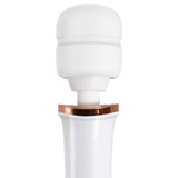 Close-up of the Adam & Eve Rechargeable Magic Massager in white with a bulbous silicone head. A metallic gold band separates the smooth-surfaced head from its slender neck and partially visible handle, set against a plain white background.