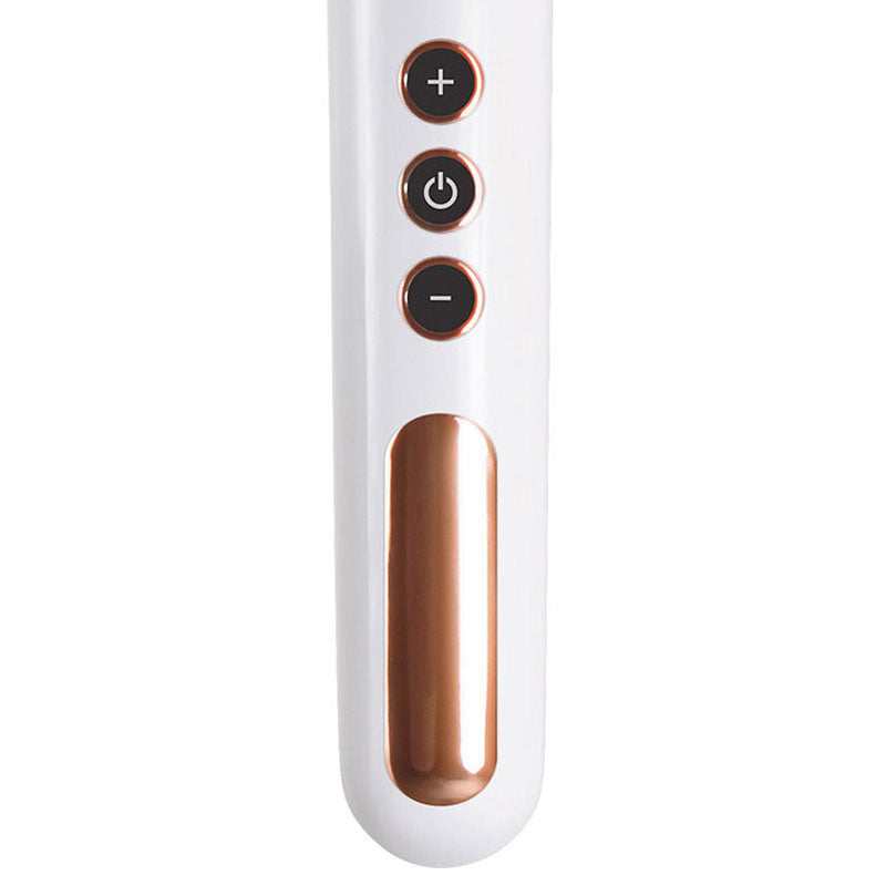 Close-up of a white remote control on the Adam & Eve Rechargeable Magic Massager - Rose Gold/White 33 cm, showing three circular buttons (plus, power, minus) and a long metallic rose gold oval accent for precise control of the silicone heads vibration functions.