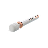 The Adam & Eve Rechargeable Magic Massager features a sleek white and rose gold design with a silicone head. Its handle has four buttons, the first larger than the others, and offers multiple vibration functions. This modern wand rests at an angle on a plain white background.