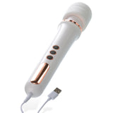 The Adam & Eve Rechargeable Magic Massager is a 33 cm white wand with metallic rose gold accents, a large silicone head, and three black buttons. It offers various vibration functions and comes with a USB charging cable at the bottom.