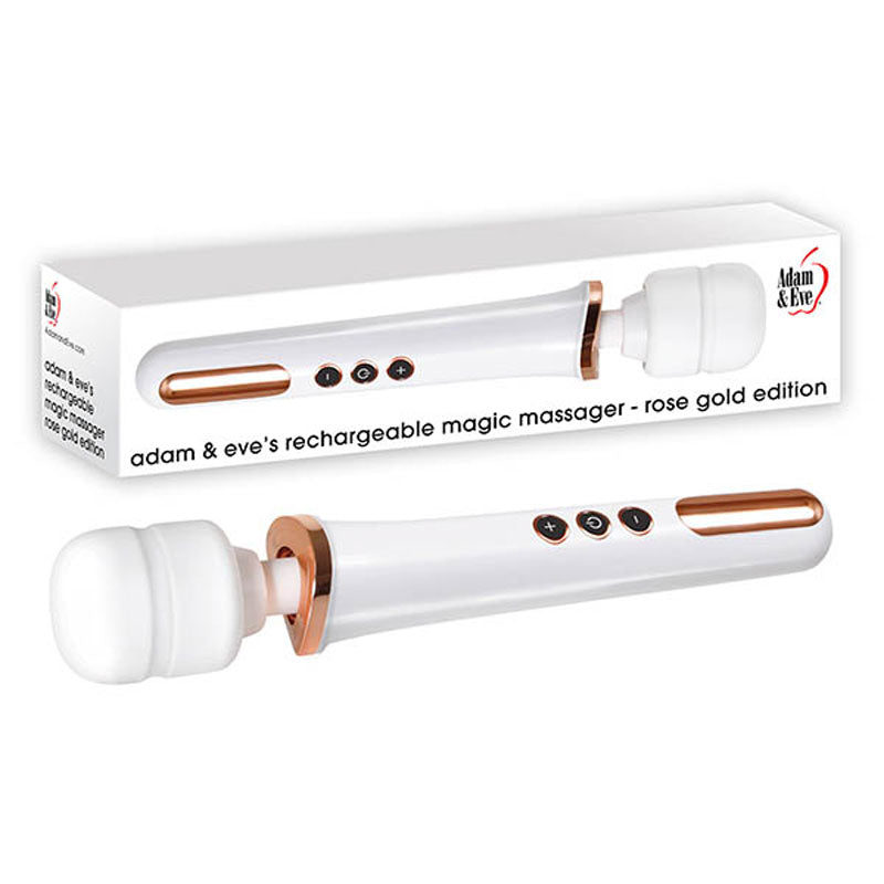 A rose gold/white massager features a silicone head, three control buttons, and is presented with its box labeled Adam & Eve Rechargeable Magic Massager - Rose Gold/White 33 cm USB Rechargeable Massager Wand, showcasing vibration functions and branding in black and red text.