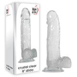 The Adam & Eve Crystal Clear 8 Dildo features a realistic, textured design with a secure suction cup base. The box prominently displays the brand to the left of this authentic-looking, clear 20.3 cm dong.