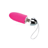 A pink, textured Adam & Eve Turn Me On Rechargeable Love Bullet crafted from body-safe silicone features ribbed and dotted patterns. The thumb-shaped design has a silver cap and looped strap, with a visible USB connector for functionality and style.