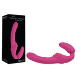 The Adam & Eve Eves Vibrating Strapless Strap-On features dual ends, a textured pink silicone shaft, and a base power button for G-spot vibrations. Its black packaging displays the product image with Adam & Eve in white font.