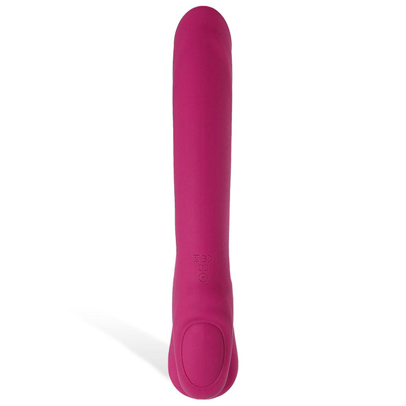 The Adam & Eve Eves Vibrating Strapless Strap-On is pink, streamlined, and silicone-made with a smooth cylindrical shape. It has a vibrating G-spot tip and a tapered end with a control button at the base. The matte surface provides ergonomic handling, all set against a white background.