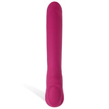 The Adam & Eve Eves Vibrating Strapless Strap-On is pink, streamlined, and silicone-made with a smooth cylindrical shape. It has a vibrating G-spot tip and a tapered end with a control button at the base. The matte surface provides ergonomic handling, all set against a white background.