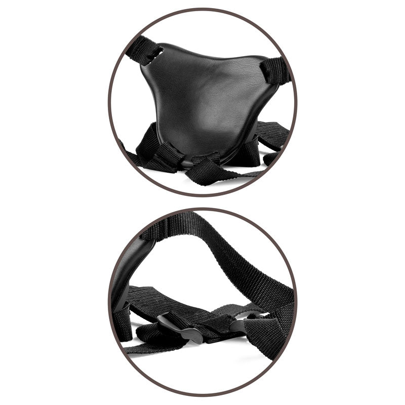 Close-up of a King Cock Elite Comfy Body Dock Strap-On Harness in black, featuring adjustable straps and buckles. The top shows the padded front area; the bottom depicts strap connectors. Both elements are enclosed in circular frames on a white background.