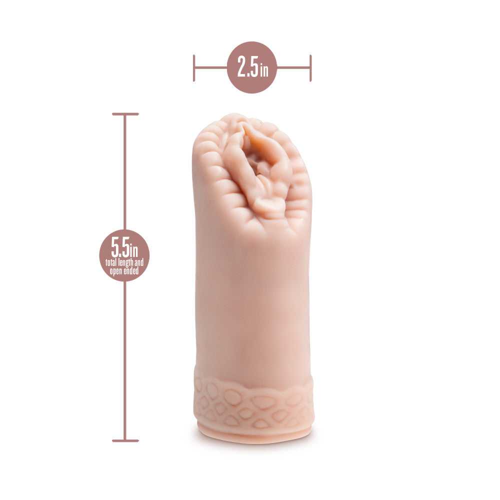 The EnLust - Alyssa Flesh Vagina Stroker, a beige silicone male stroker, features a textured exterior and ridged interior. It stands upright with dimensions of 2.5 inches in width and 5.5 inches when open, crafted from ultra-soft material with a patterned base for enhanced grip.