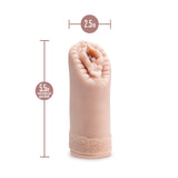 The EnLust - Alyssa Flesh Vagina Stroker, a beige silicone male stroker, features a textured exterior and ridged interior. It stands upright with dimensions of 2.5 inches in width and 5.5 inches when open, crafted from ultra-soft material with a patterned base for enhanced grip.