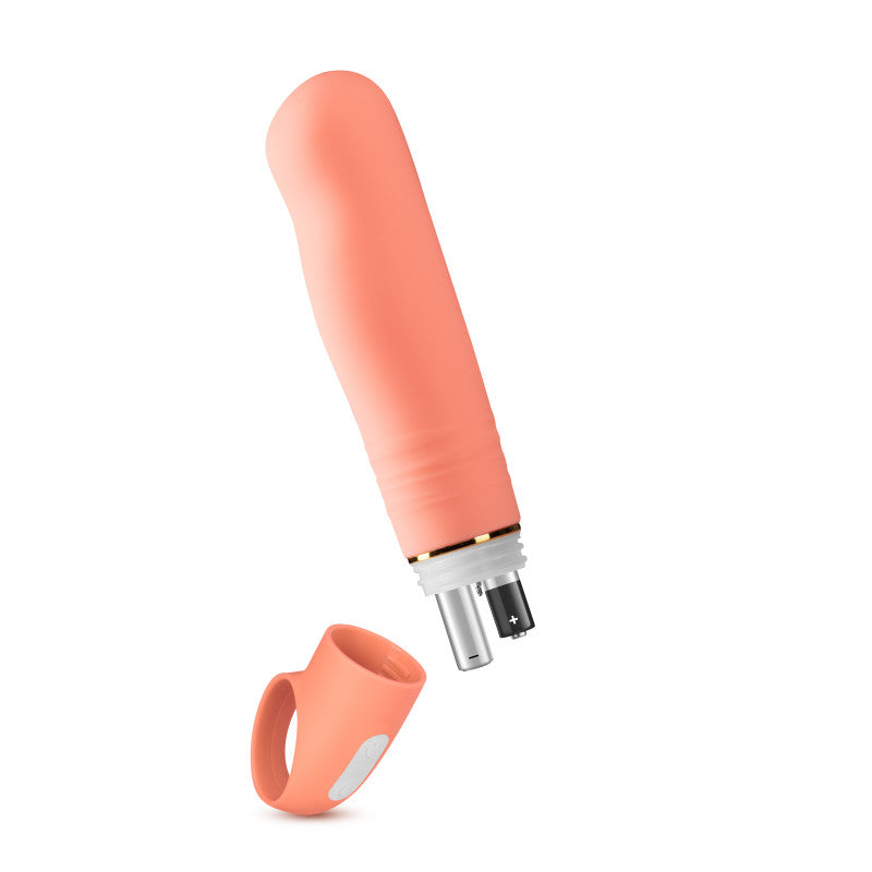 The Aria Smokin AF - Coral 15.2 cm Vibrator is a silicone peach-colored massager featuring a rounded design and Rumble Tech motor. It disassembles to show its metal battery compartment with exposed connectors, and includes an ergonomic cap in matching peach with a white accent.