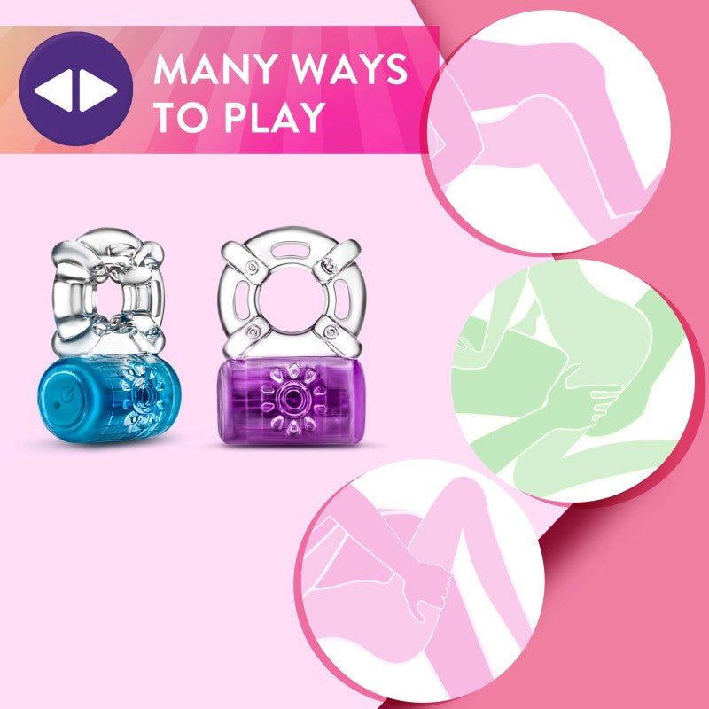 Image features two cylindrical bottle caps with rubber grips, colored blue and purple, on a pink gradient background. The text Many Ways to Play is shown next to an icon. Three graphic circles feature abstract people posed in white, pink, and green, emphasizing powerful vibrations of the Play With Me Pleaser Rechargeable C-Ring - Purple.